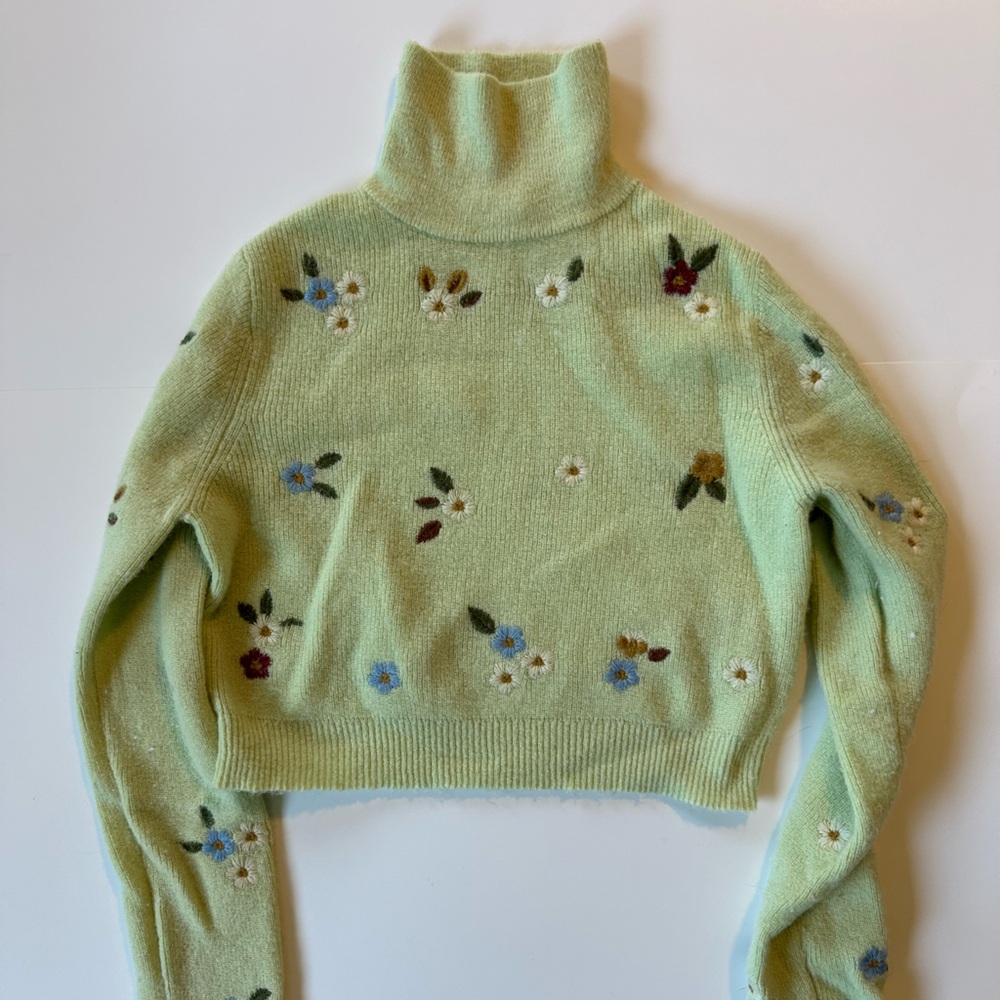 Zara Green Floral Turtleneck Sweater